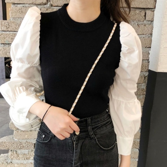 NWOT Zara Blouse Black knit body Off-White Puffy Statement Long Sleeve S - Picture 4 of 15